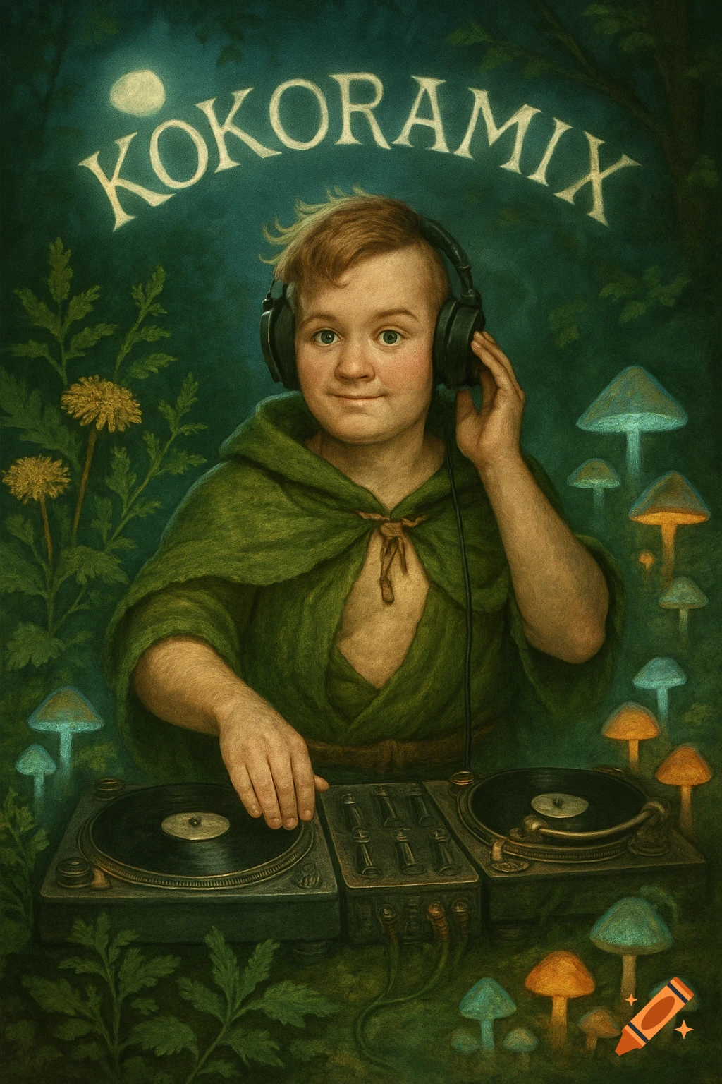 Painterly illustration of a druid DJ with headphones, mixing music among glowing mushrooms in a magical forest.