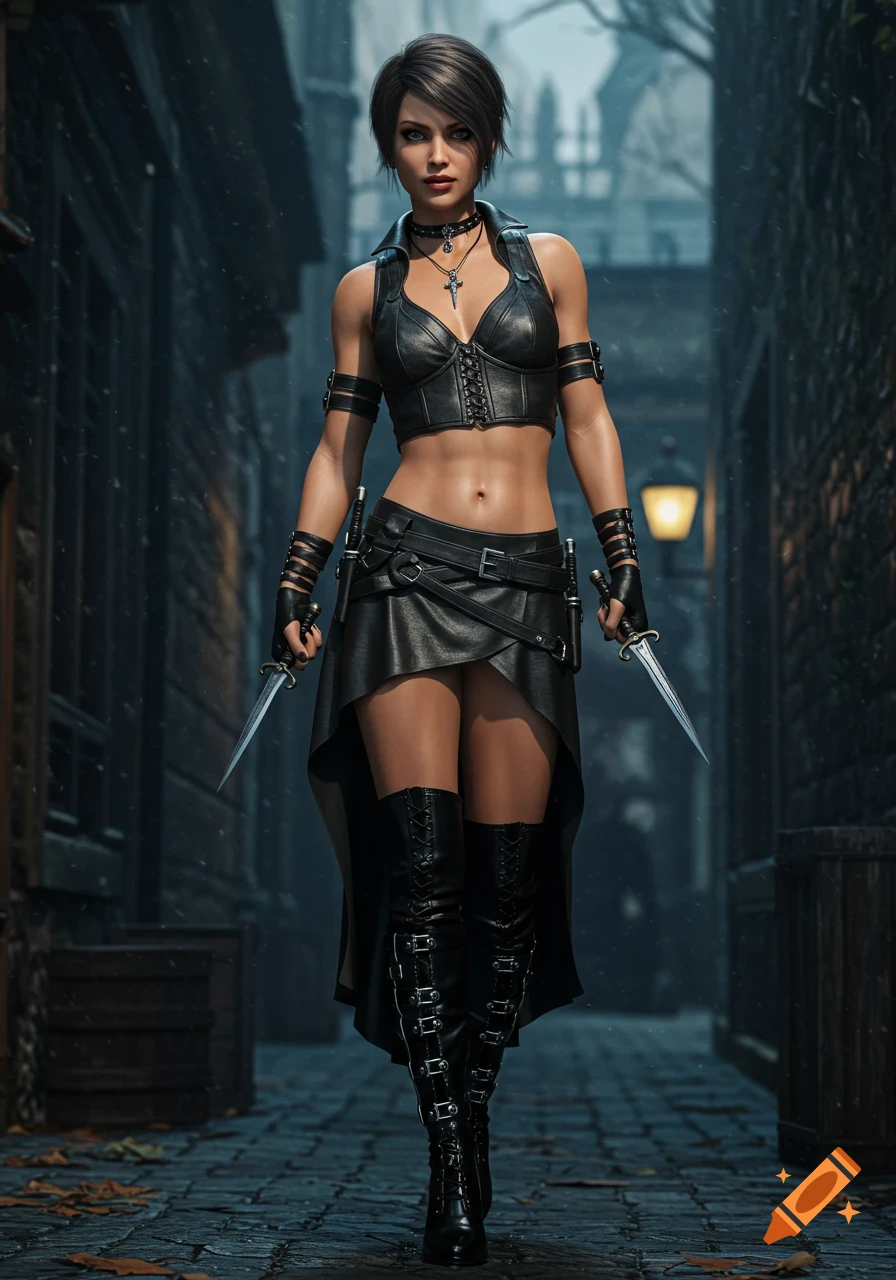 Photorealistic fantasy rogue Elena Rowe in leather crop top, skirt, and boots, holding daggers in a dark alley.