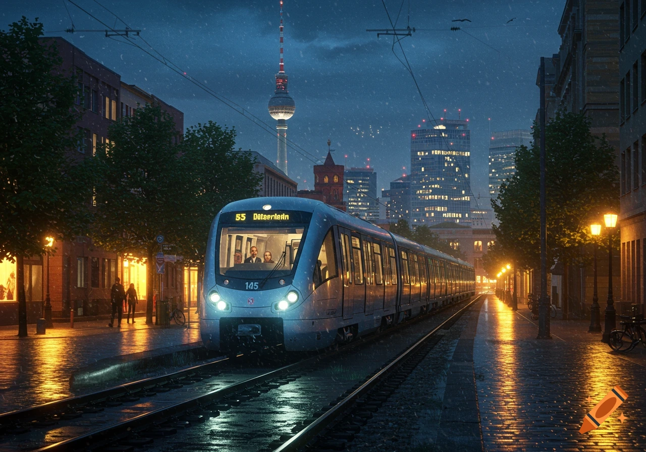 A photorealistic image of a train on tracks in a city at night during rainfall. The Berlin TV Tower is visible in the distance.
