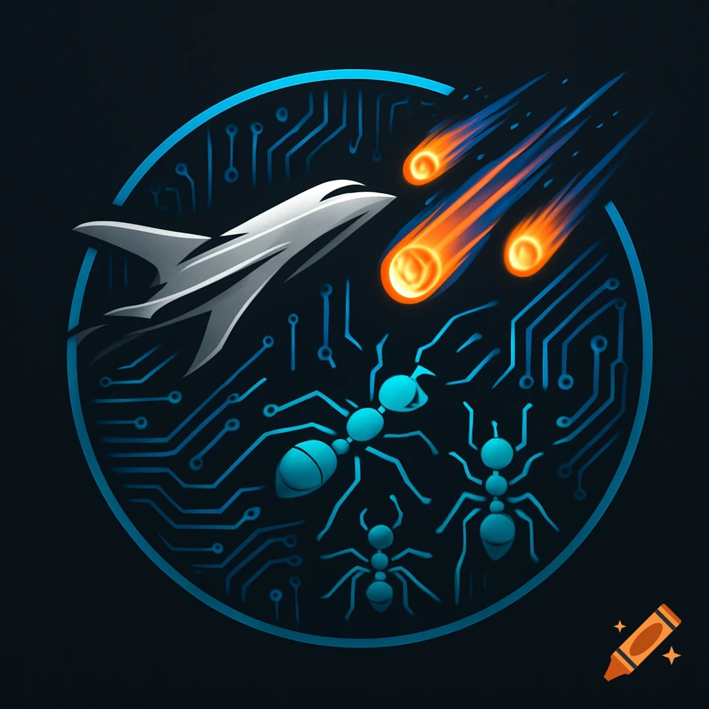 A stylized circular logo with a white spaceship, three orange meteors, three blue ants, and blue circuit board patterns.
