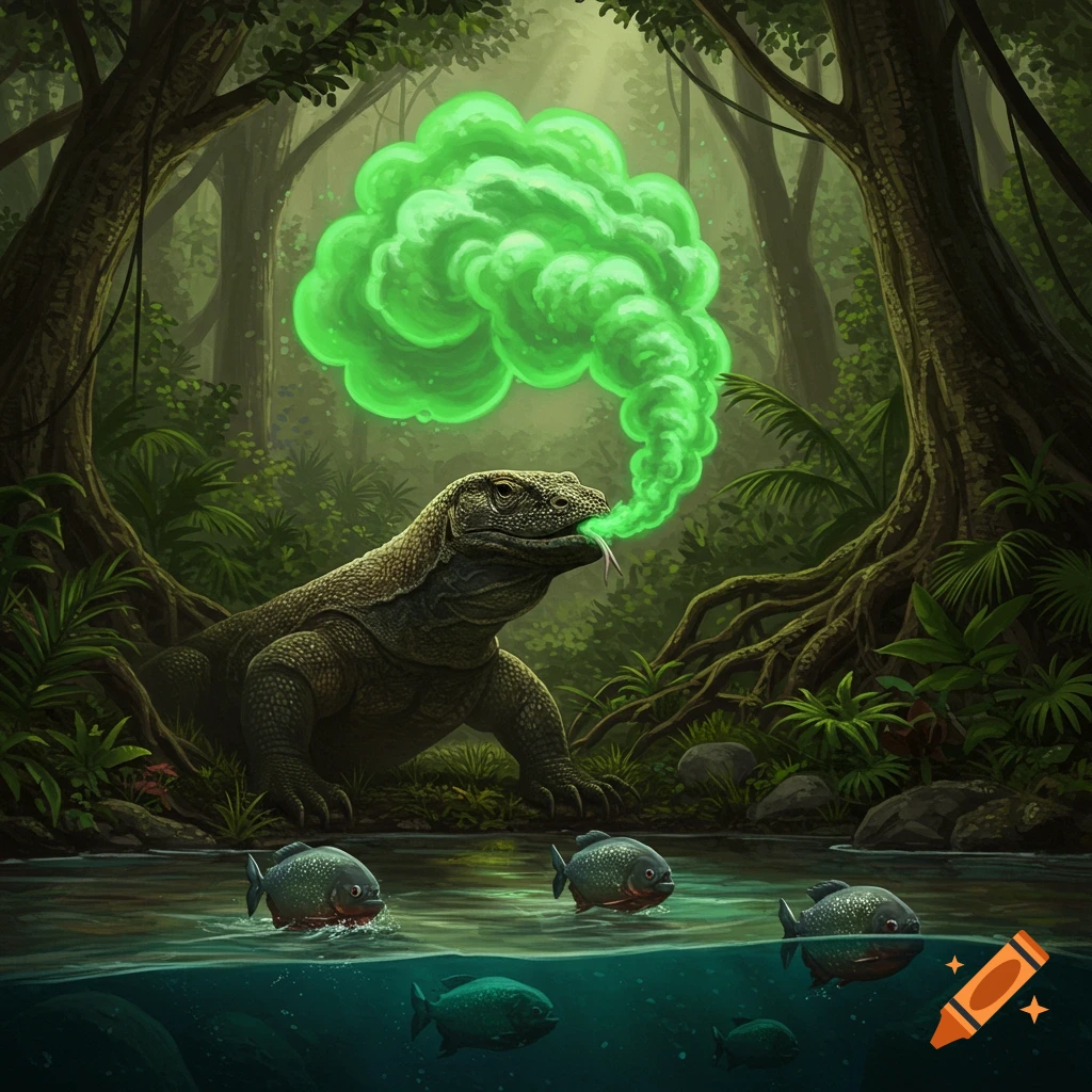 A detailed illustration of a Komodo dragon breathing green toxic gas in a jungle river with piranhas swimming.