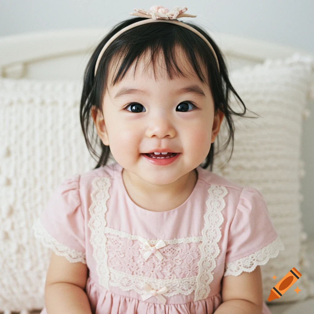 A smiling Asian toddler in a pink dress with lace details and a floral headband, looking directly forward. Photorealistic.