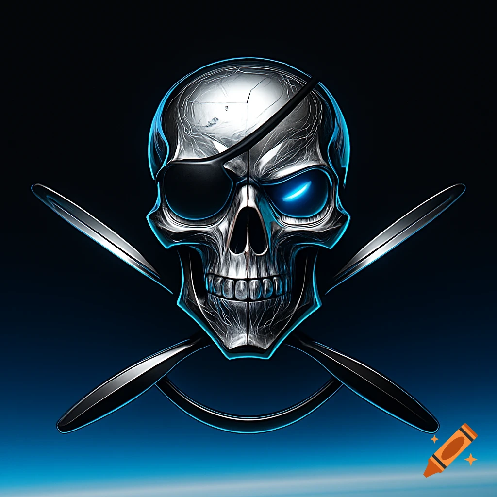 A futuristic metallic pirate skull with a glowing blue eye and an eye patch, with crossed stylized blades behind it.