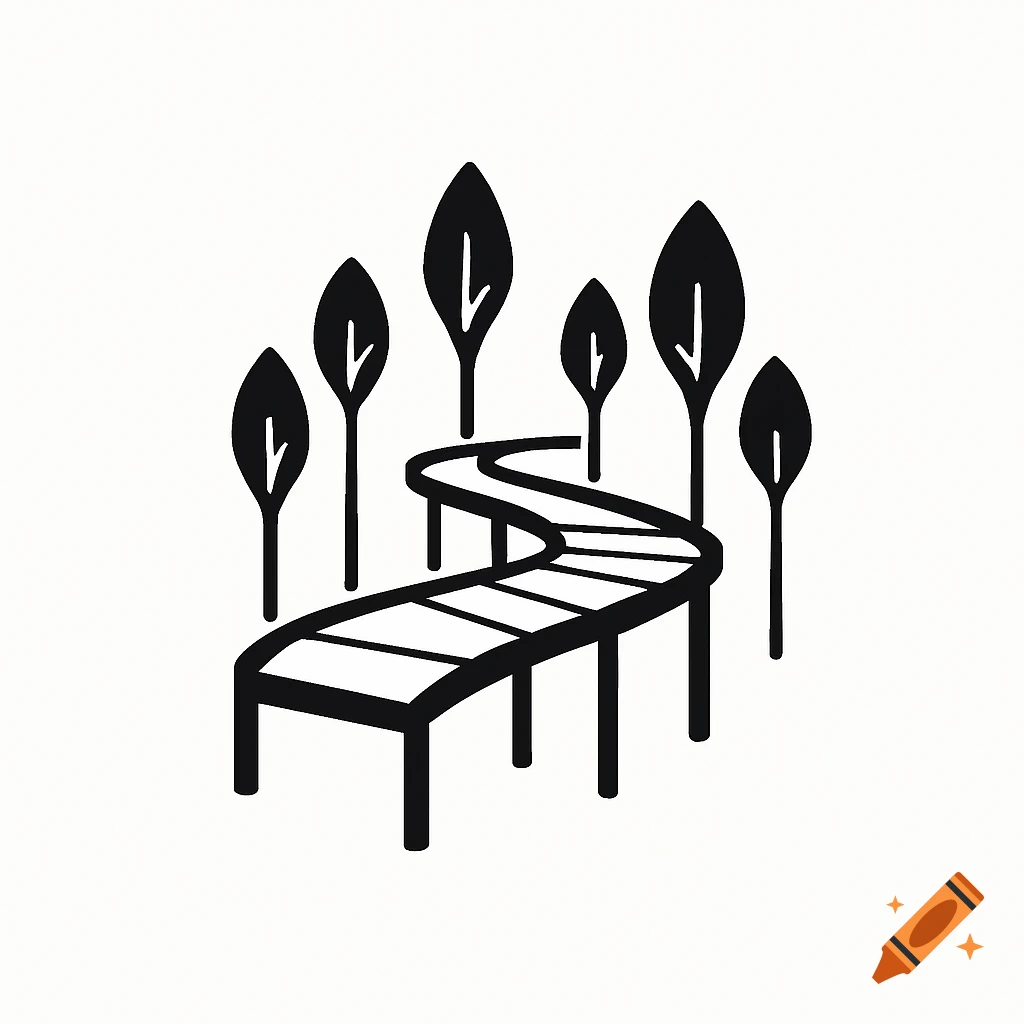 Black and white logo illustration of an elevated winding path surrounded by stylized trees.