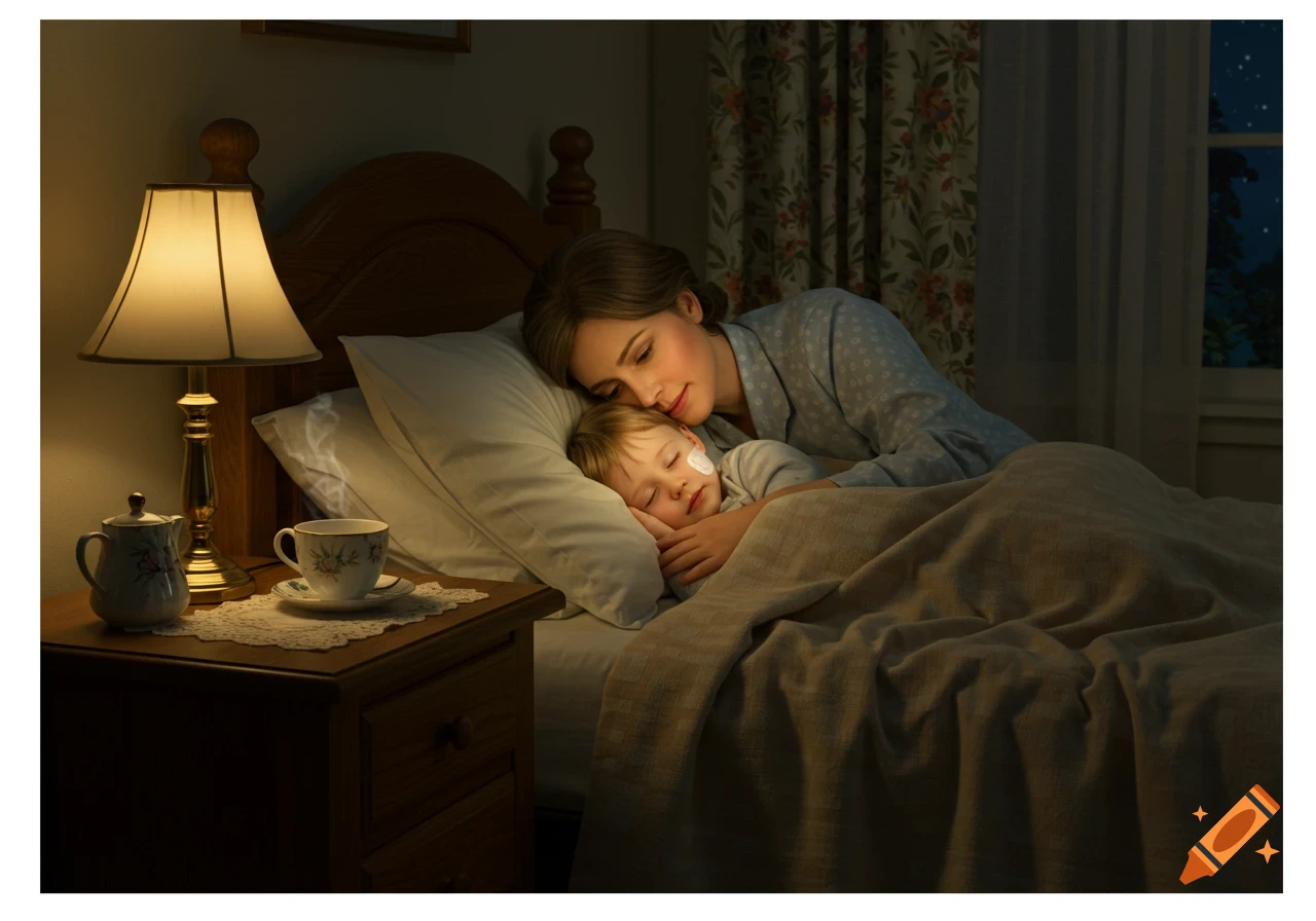 A mother gently embraces her sleeping child in a cozy, dimly lit bedroom at night.