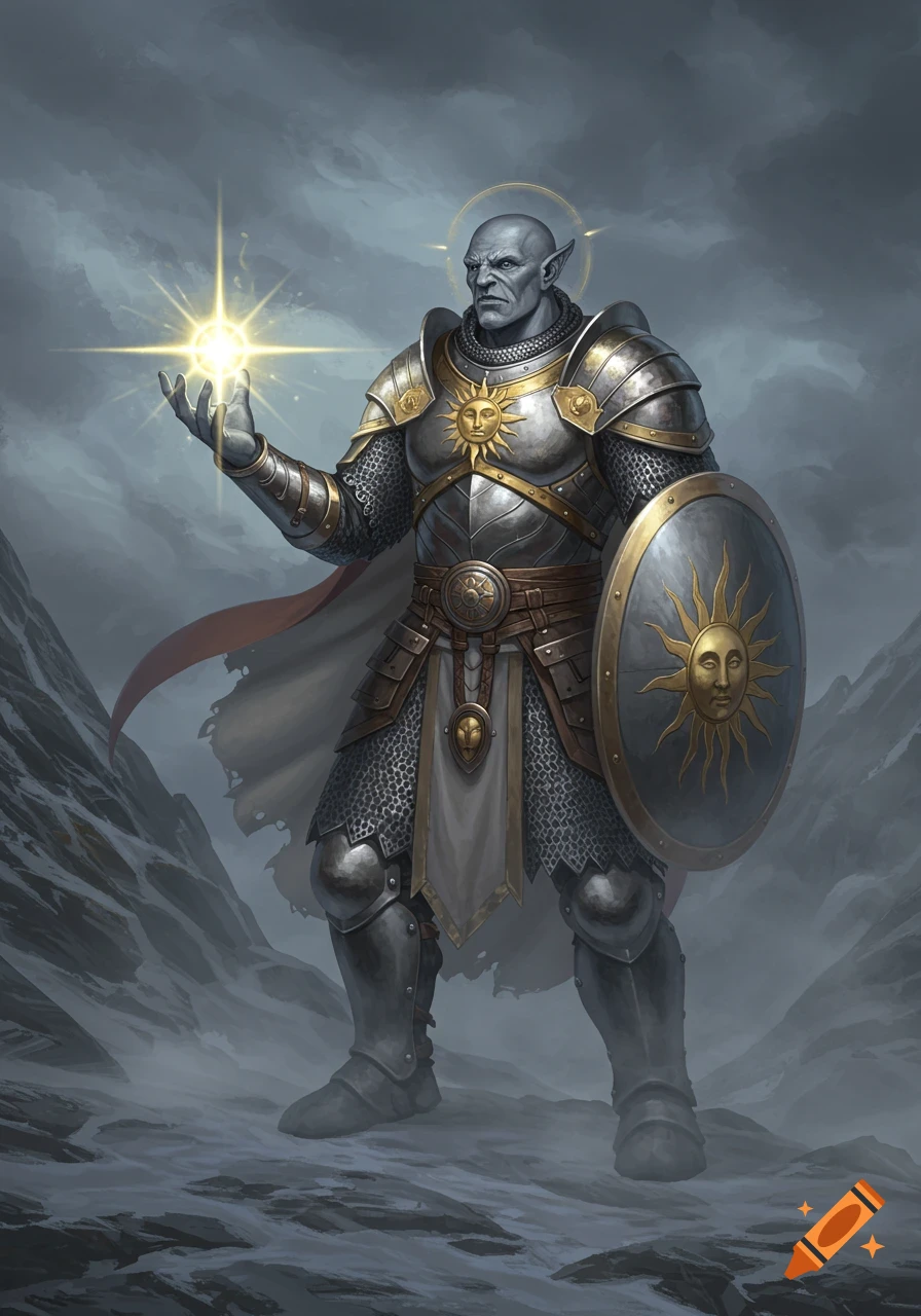 A grey-skinned, bald, armored warrior with pointed ears, a halo, holding a glowing orb and a sun-emblazoned shield in snowy mountains.