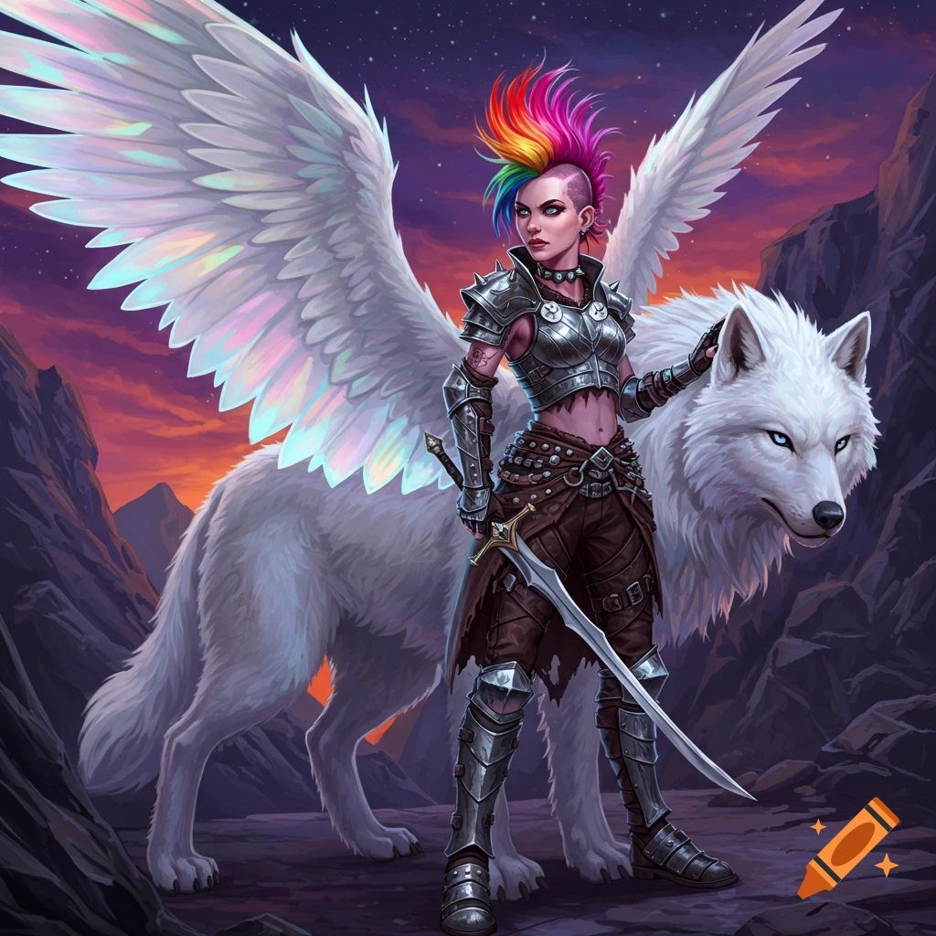 An armored punk female warrior with rainbow hair and a sword stands next to a winged white dire wolf at sunset. Illustration.