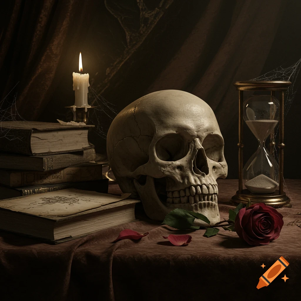 A dramatic still life with a skull, burning candle, old books, hourglass, and a red rose on a draped table, in a dark, atmospheric setting.