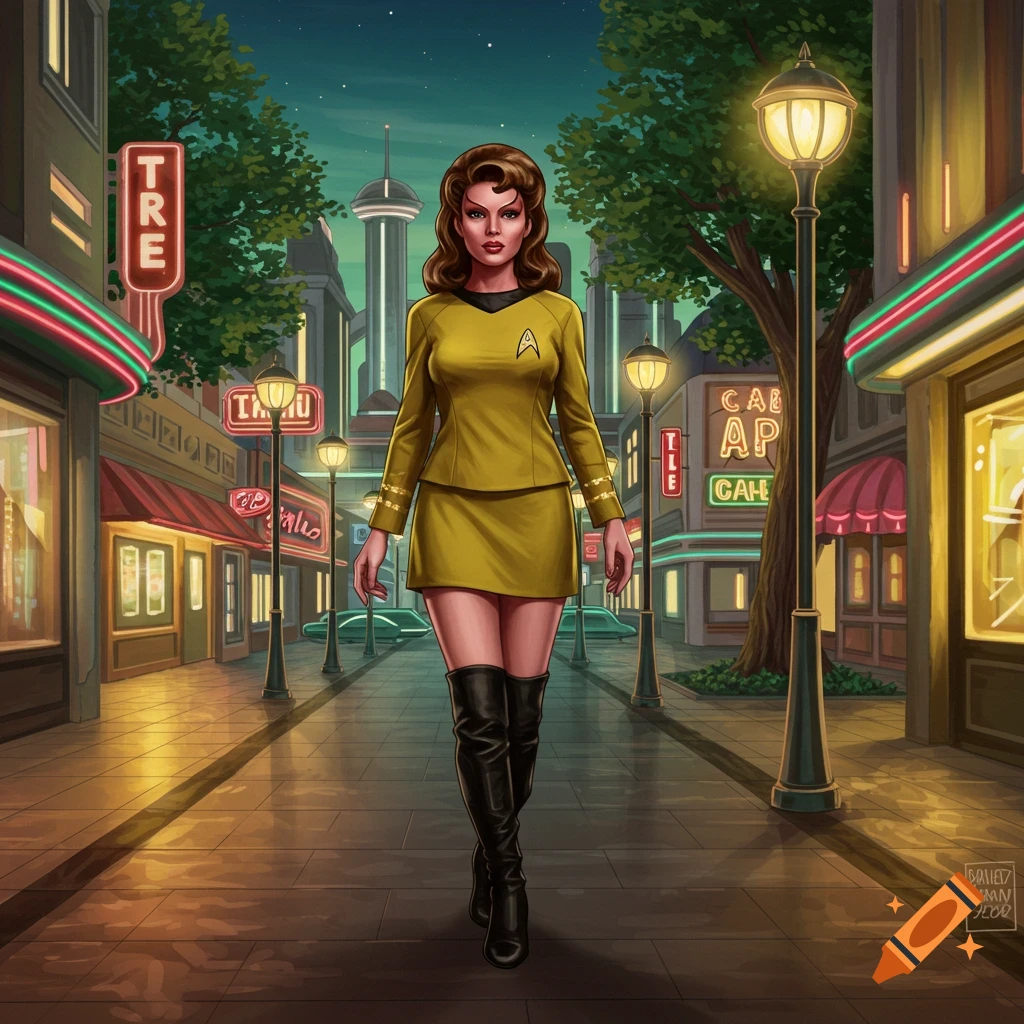 An illustrated Starfleet alien woman with 1960s hair, wearing a gold uniform and boots, walks down a retrofuturistic city street with shops and street lamps.