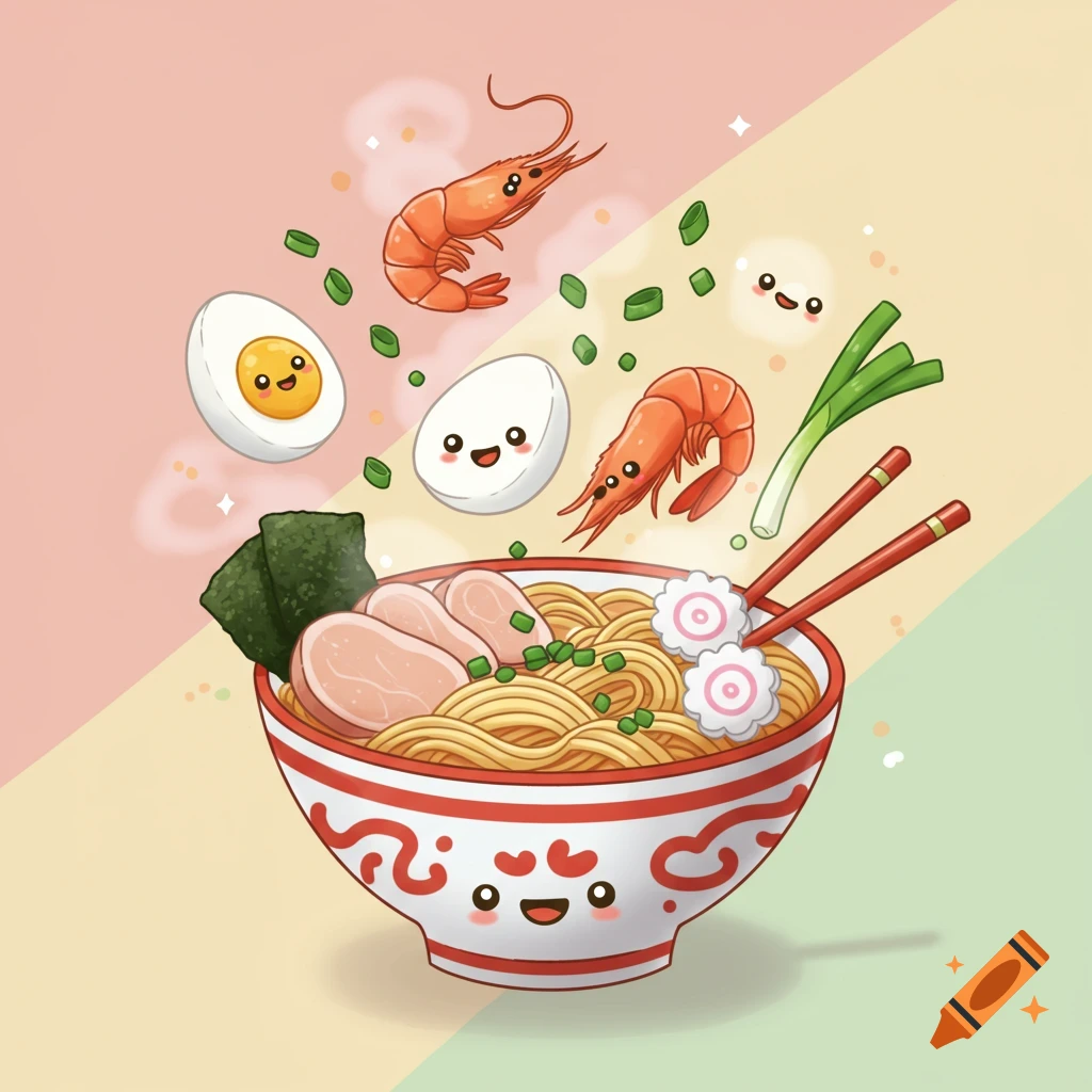 Cute cartoon illustration of ramen ingredients like shrimp, eggs, and green onions floating above a bowl of noodles.