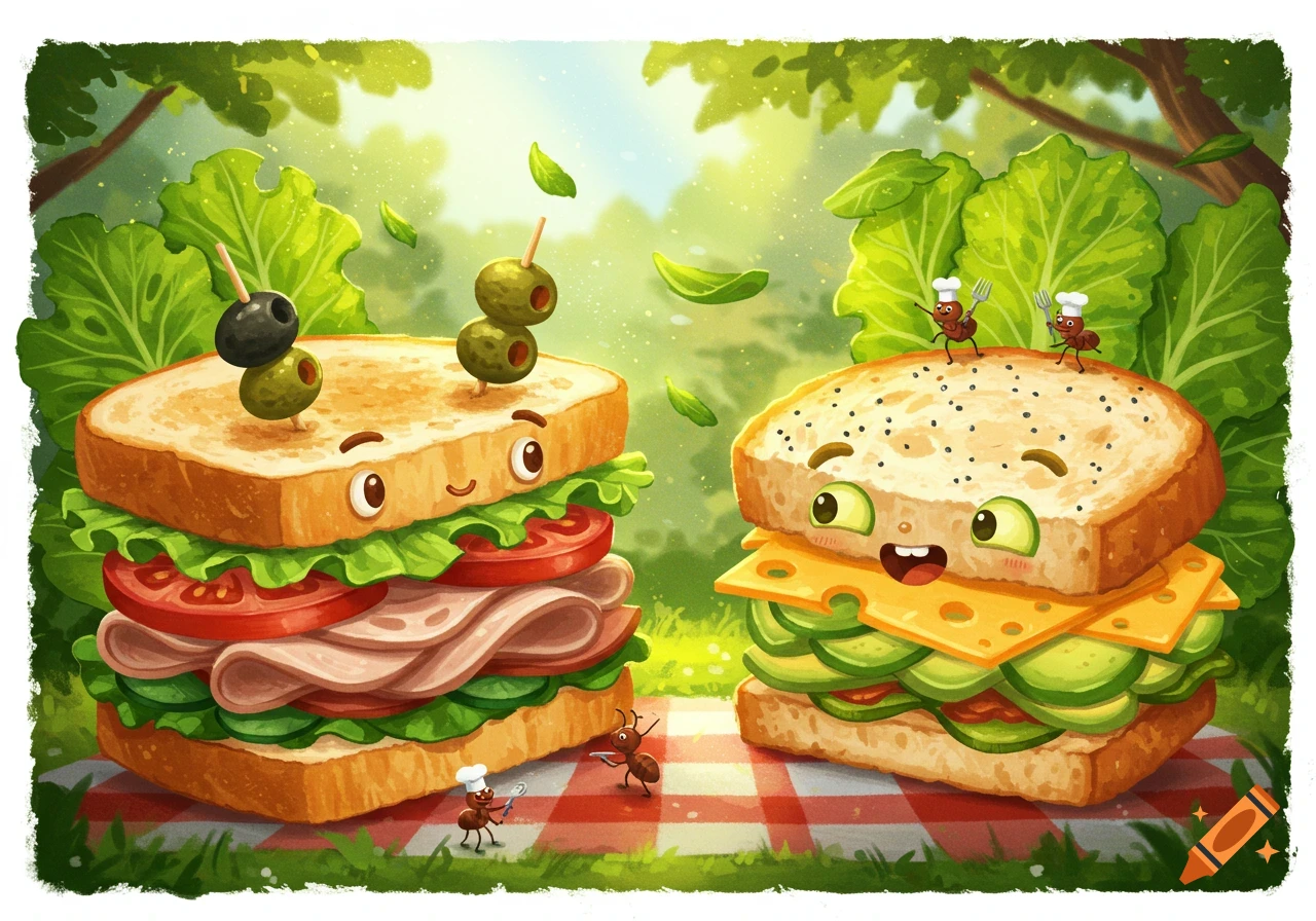 Two happy cartoon sandwiches, one meat and one cheese, on a picnic blanket with tiny chef ants in a sunny forest.