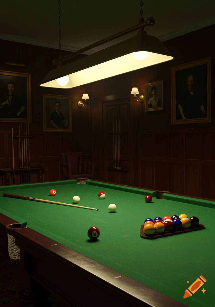 A warmly lit room with a green billiard table, cue sticks in racks, and framed portraits on wood-paneled walls.