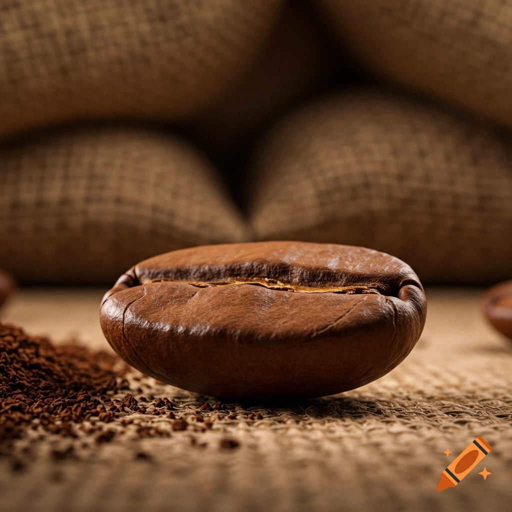 A large, single roasted coffee bean lies on burlap fabric with coffee grounds, blurred burlap bags in the background.