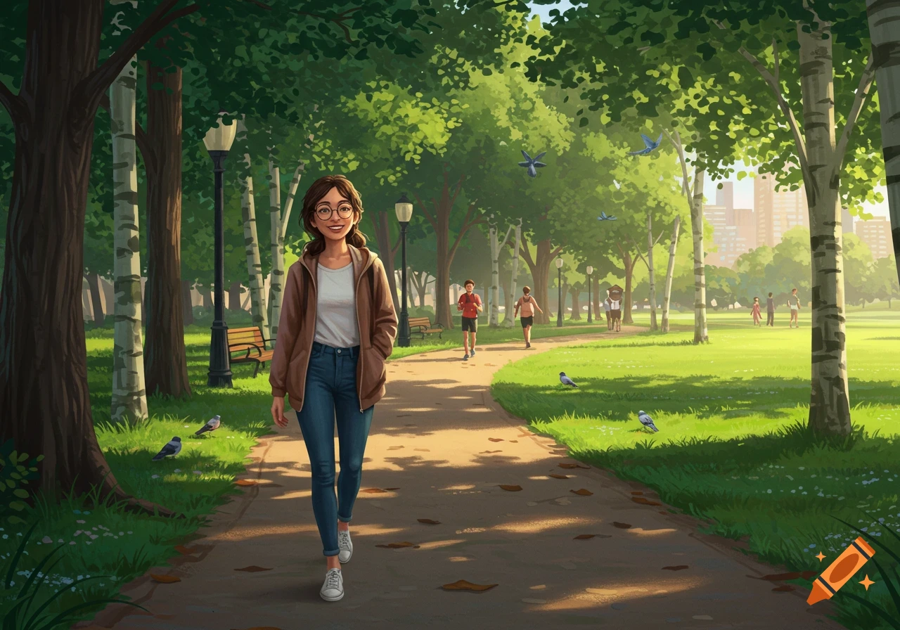 An illustration of a smiling woman with glasses walking on a park path on a sunny day. Trees and other people are in the background.