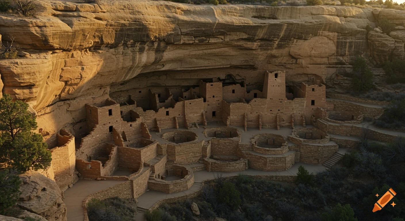 Photorealistic wide-angle view of ancient multi-level stone cliff dwellings bathed in golden light within a sandstone alcove.