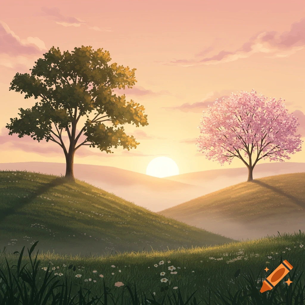 An illustration of a sunrise over rolling hills with a green tree and a pink cherry blossom tree.