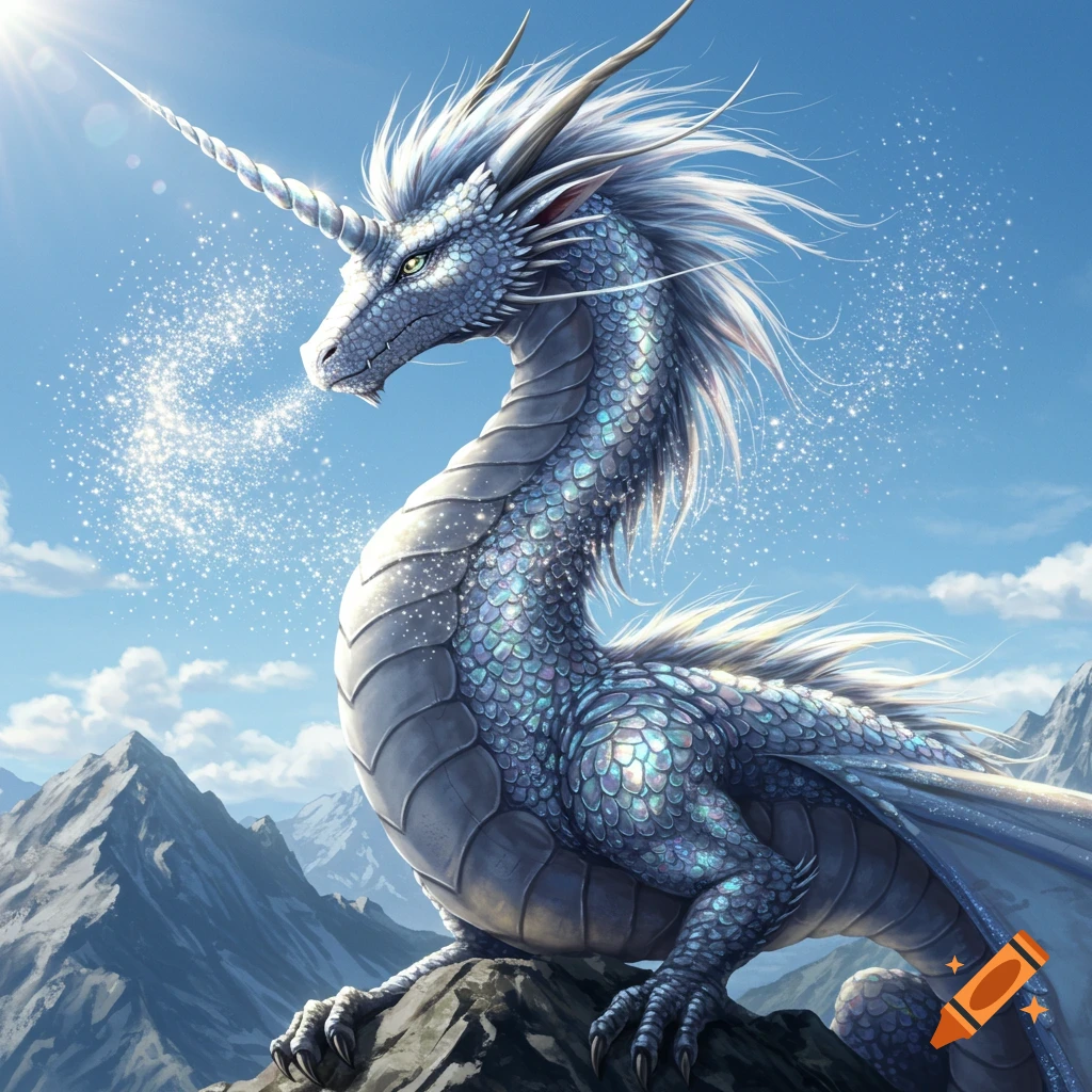 A majestic white unicorn dragon with iridescent scales sits on a mountain, exhaling glittering dust into a sunny blue sky.