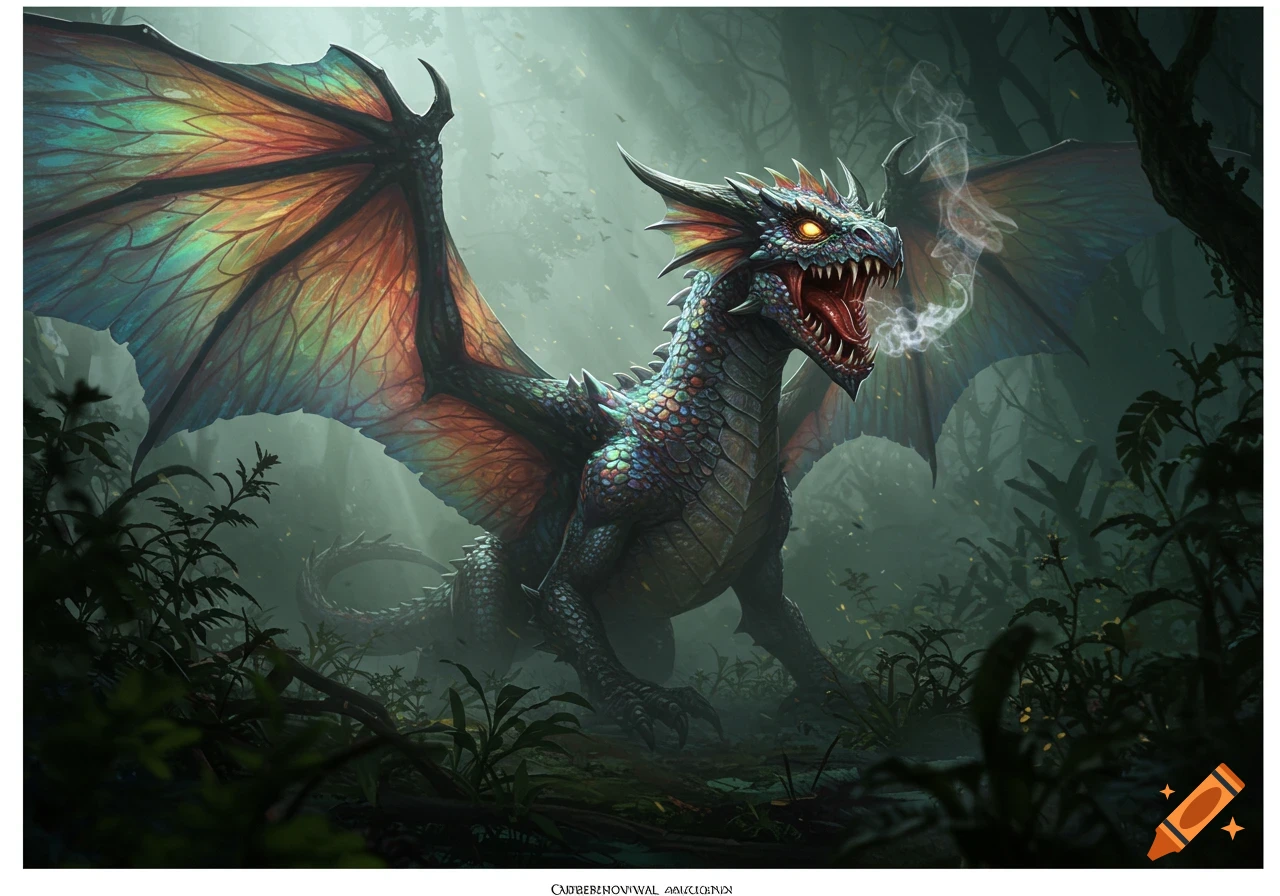 A vibrant, scaly dragon with large iridescent wings and glowing eyes roars in a dark, misty forest, breathing smoke.