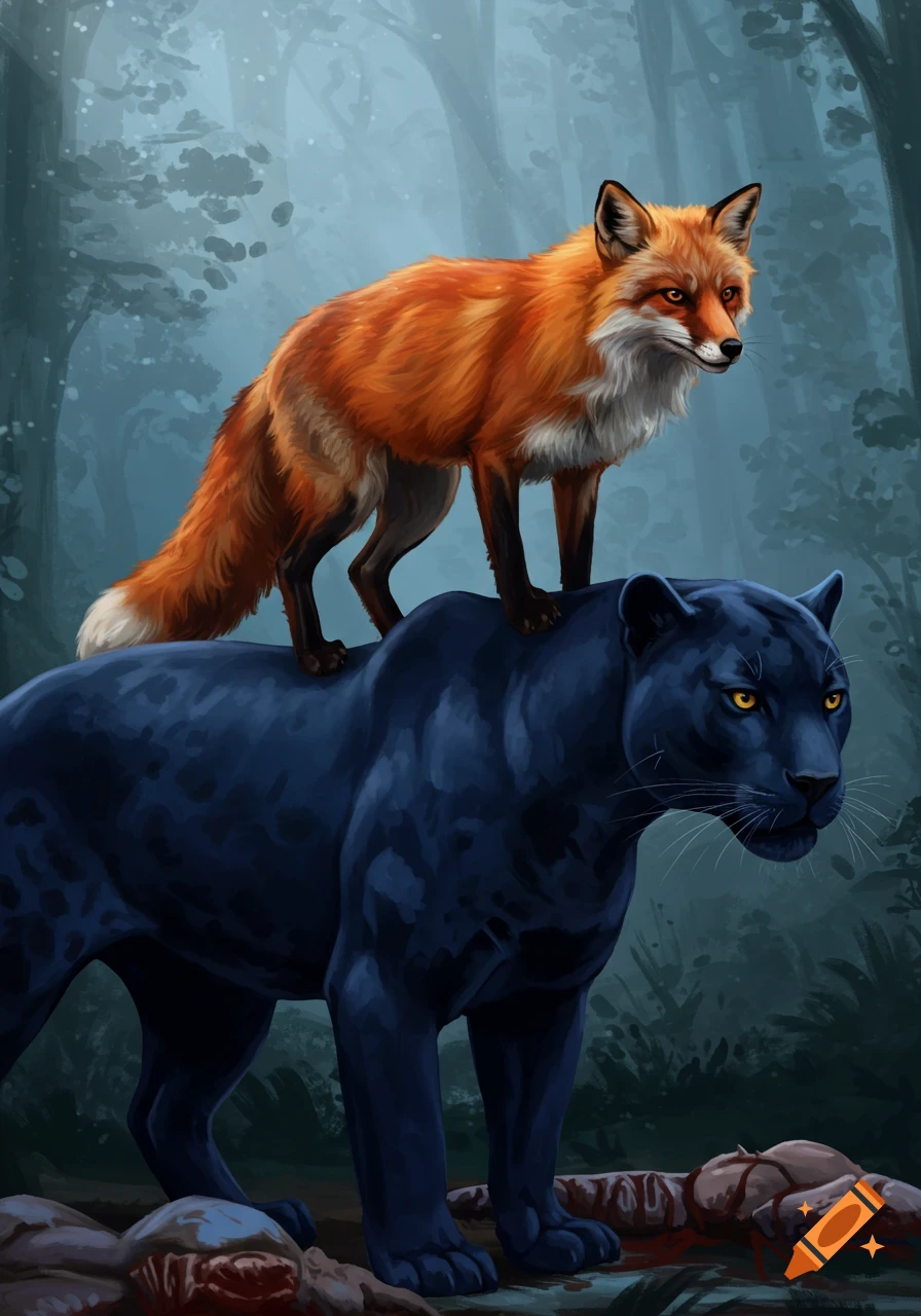 A red fox stands triumphantly on the back of a navy blue panther in a dark forest, digital illustration.