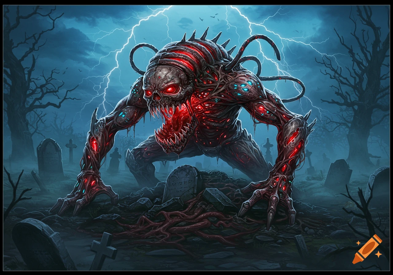 A bio-mechanical monster with glowing red eyes and teeth, covered in red tubes and spikes, stands in a dark graveyard under a lightning storm.