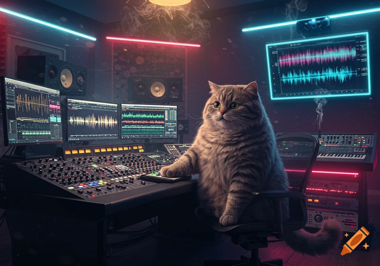 A fluffy gray cat sits in a chair at a music studio console with monitors displaying audio waveforms and glowing neon lights. Photorealistic.