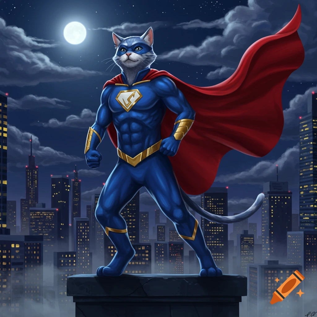 A blue superhero cat with a red cape and gold accents stands on a rooftop overlooking a city skyline at night, under a full moon.