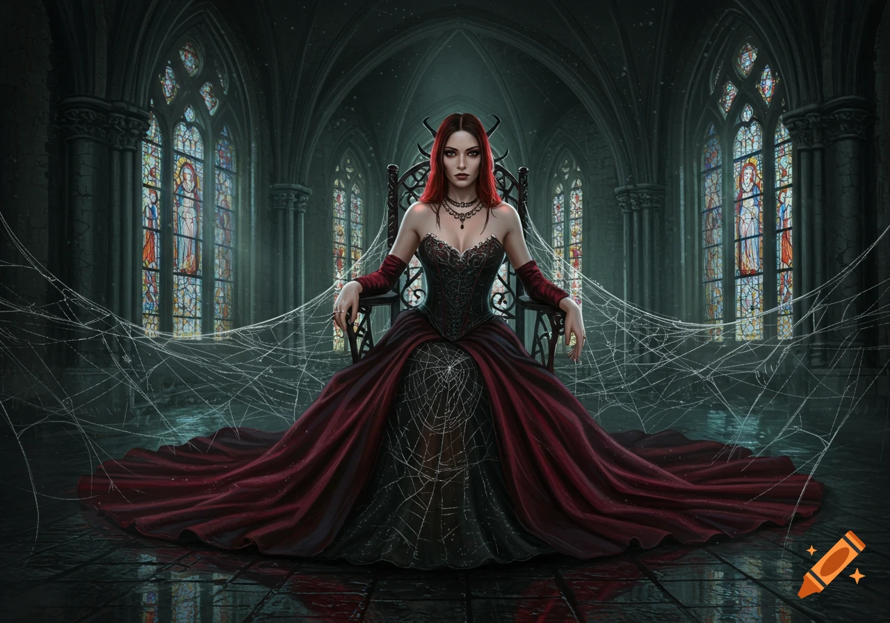 A red-haired woman in a dark red and black gothic dress sits on a throne in a web-filled gothic cathedral.