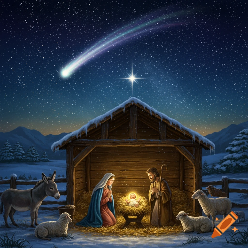 A serene Christmas nativity scene with Mary, Joseph, and baby Jesus in a stable, under a starry night sky with a comet.