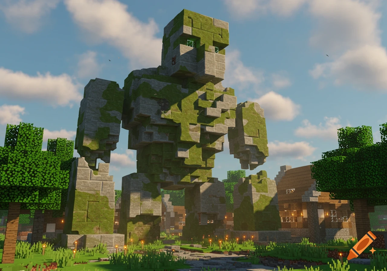 Giant mossy golem statue overlooks a blocky Minecraft village under a clear blue sky.