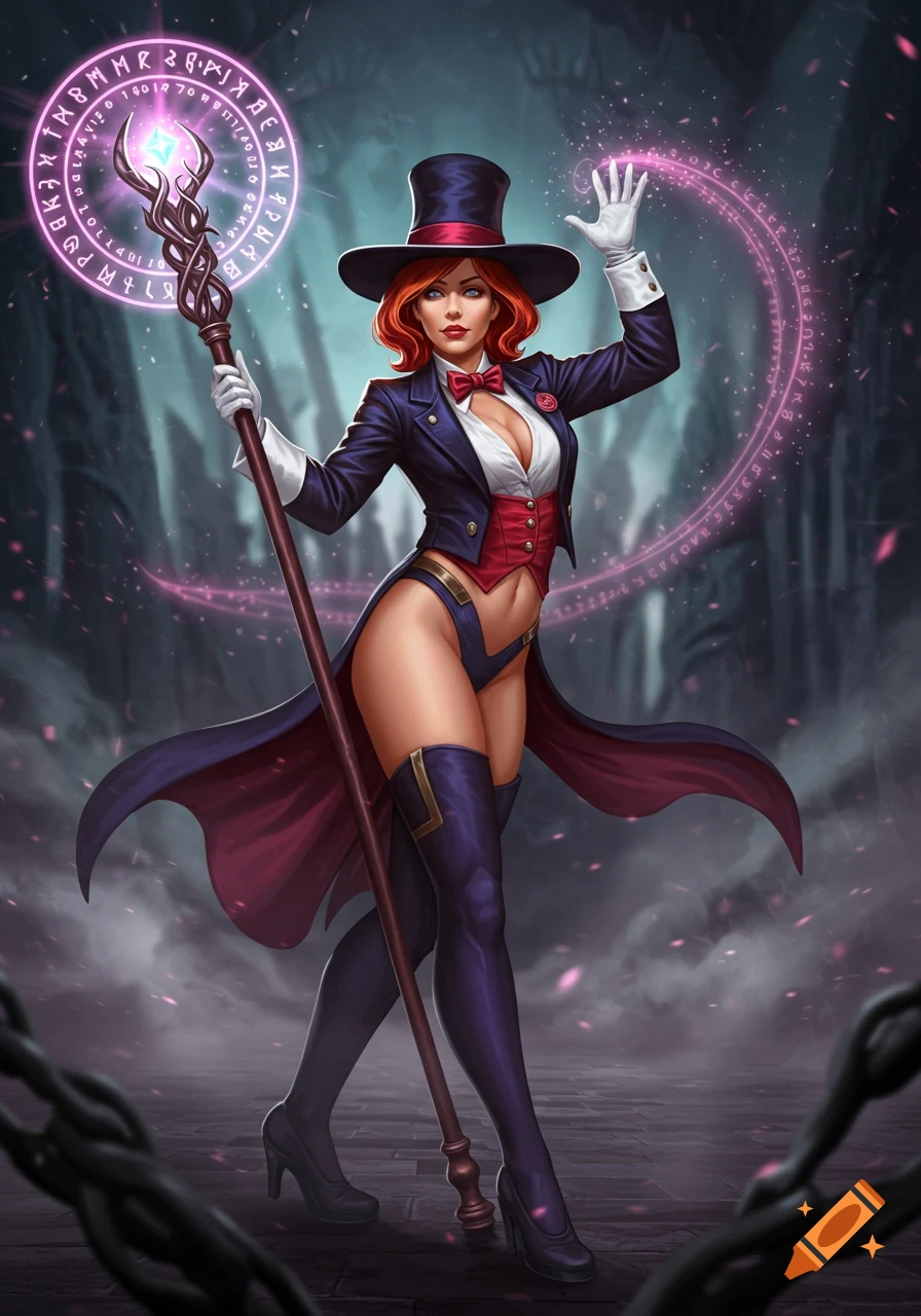 A red-haired female magician in a top hat, tailcoat, and high-cut leotard poses with a glowing magic staff amidst swirling pink energy and runes in a mystical setting.