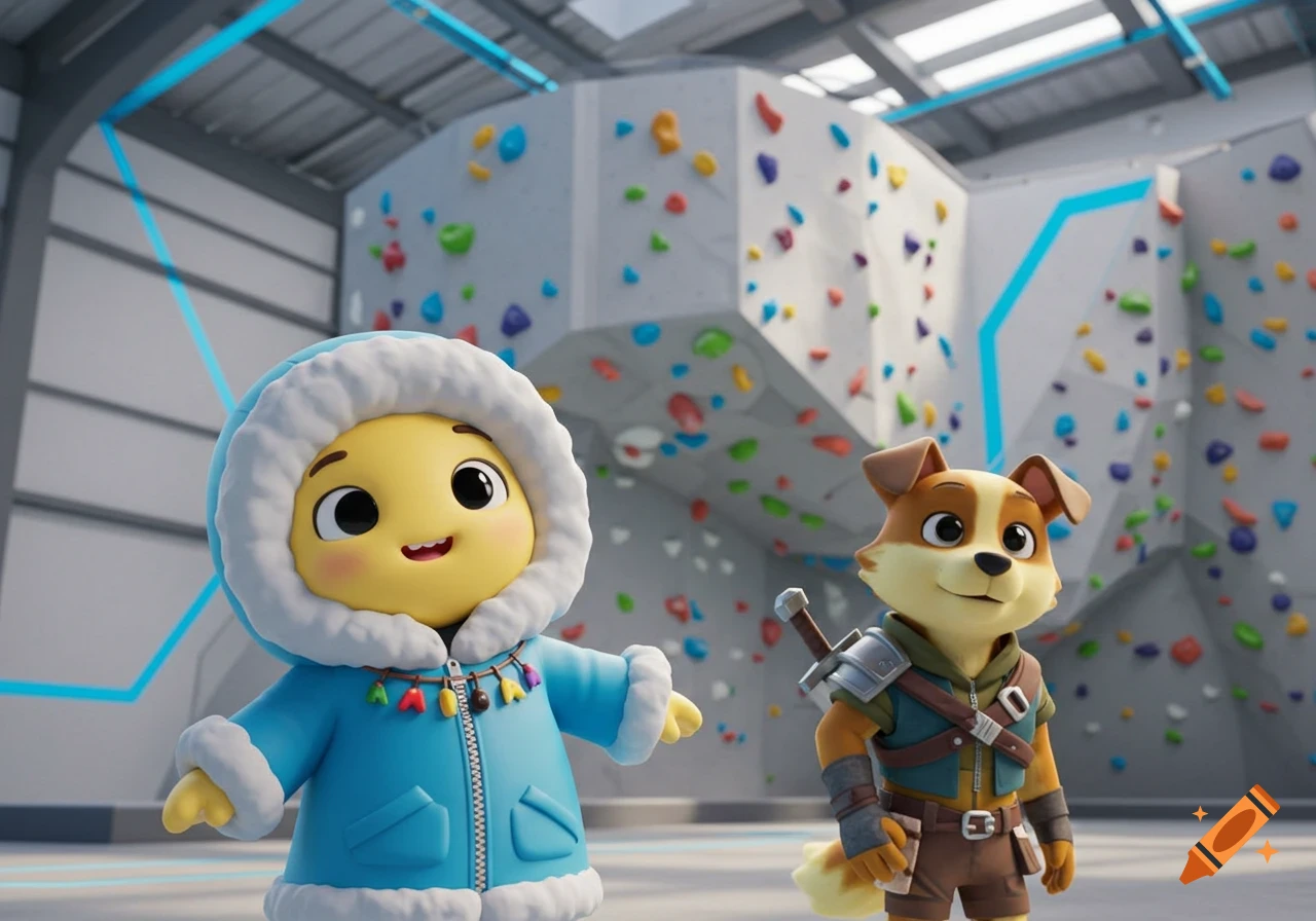 A cute yellow character in a blue winter coat and an anthropomorphic dog stand in a colorful climbing gym.