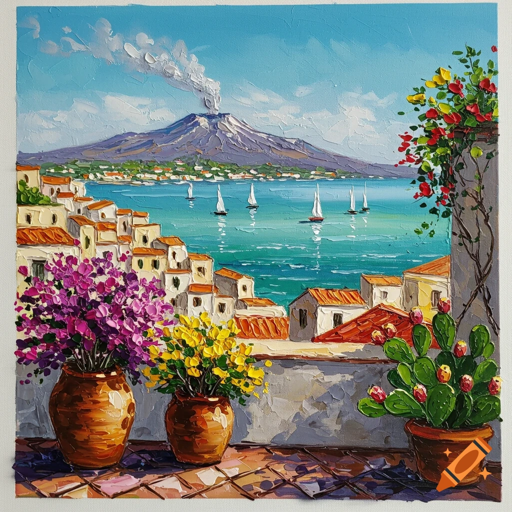 Vibrant impasto painting of a Mediterranean coastal town with a smoking volcano, turquoise sea, sailboats, and a terrace with colorful flowers and cacti.