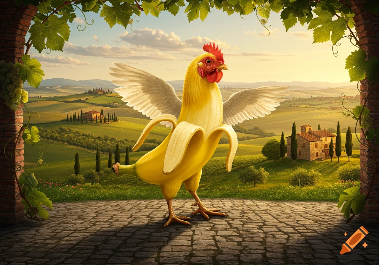 A chicken with a banana for a body and wings stands on a cobblestone path in a sunny Italian countryside landscape with vineyards and farmhouses.