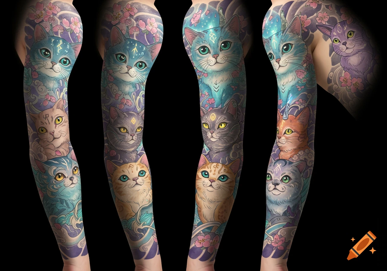 Full tattoo sleeve featuring multiple stylized cats with celestial and floral patterns in a vibrant Japanese illustration style.