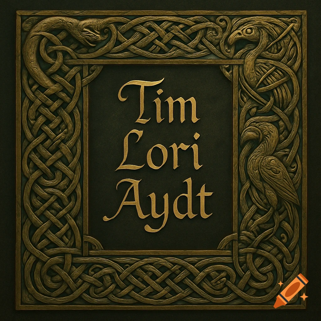 Ornate bronze Celtic knotwork frame with a snake, birds, and 'Tim Lori Aydt' in golden script.