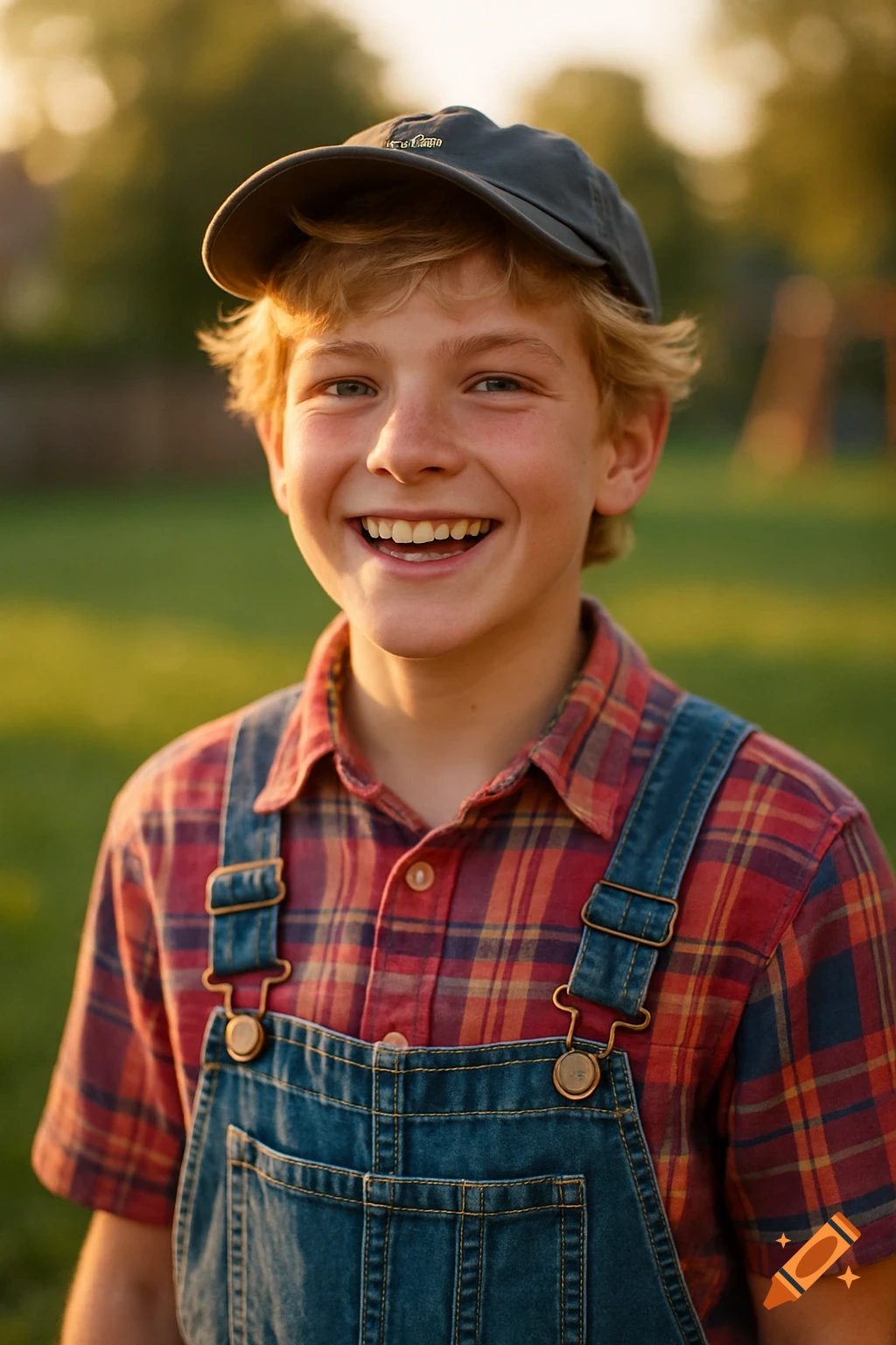 A smiling boy with blonde hair and a baseball cap wears a plaid shirt and denim overalls outdoors during golden hour.