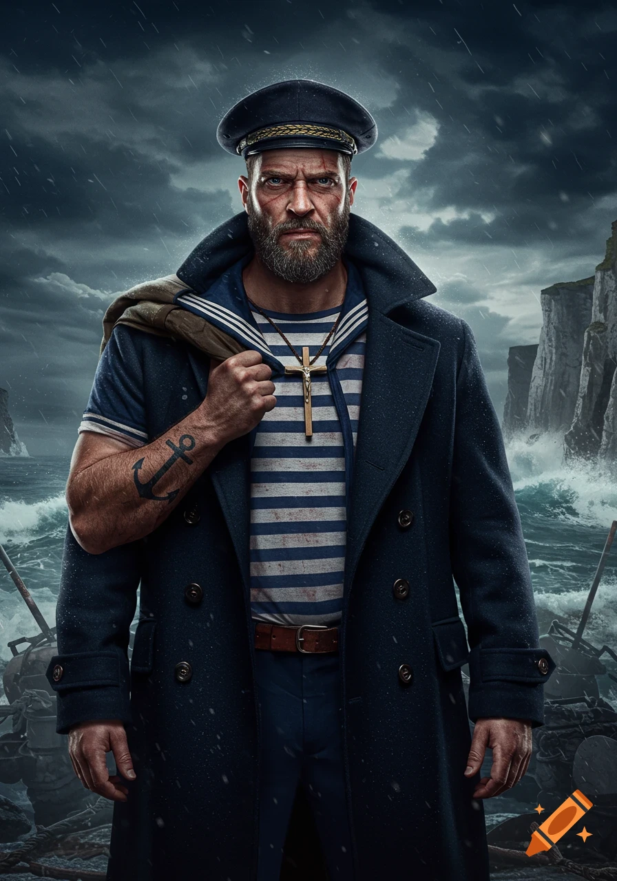 A photorealistic portrait of a stern, bearded sailor in a peacoat and captain's hat, with an anchor tattoo and crucifix, standing against a stormy sea and cliffs.