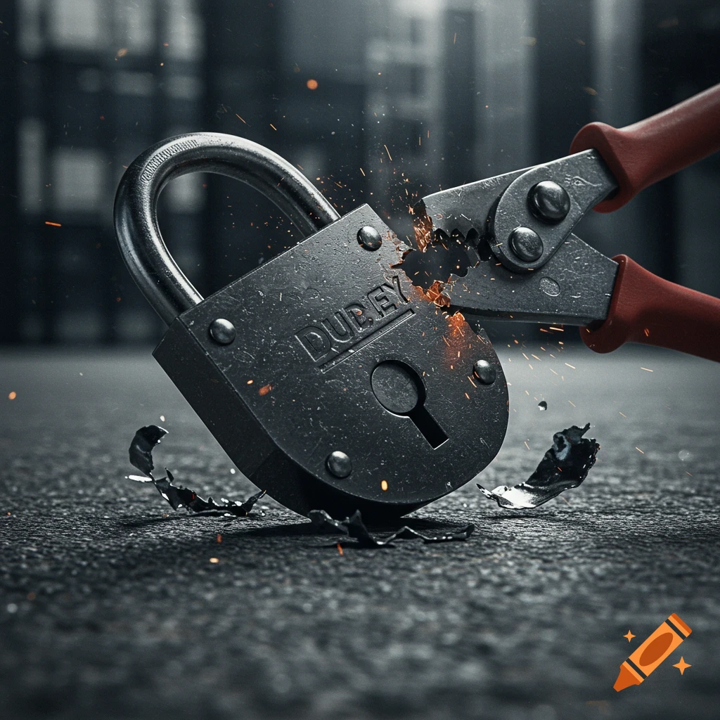 A metal padlock being cut by red-handled bolt cutters, with sparks and debris, in a photorealistic style.