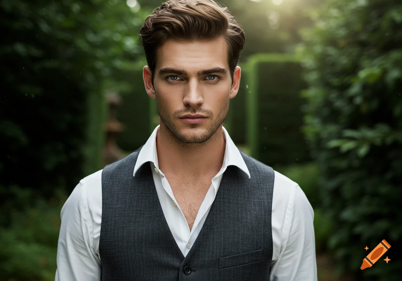 Photorealistic portrait of a handsome man with styled brown hair and blue eyes, wearing a white shirt and grey vest, standing in lush greenery.