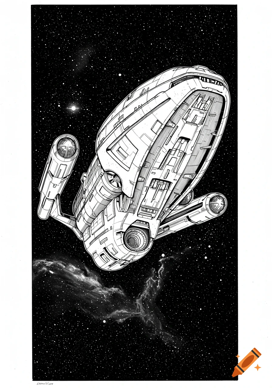 A detailed black and white line art drawing of a spaceship with prominent engines and intricate paneling, flying through a star-filled space with faint nebulae.