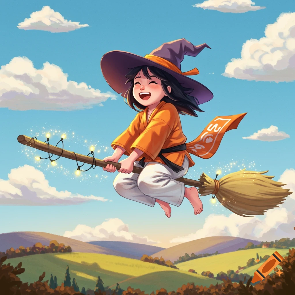 A happy cartoon child witch in an orange kimono and purple hat flies on a sparkling broomstick over green hills under a blue sky.