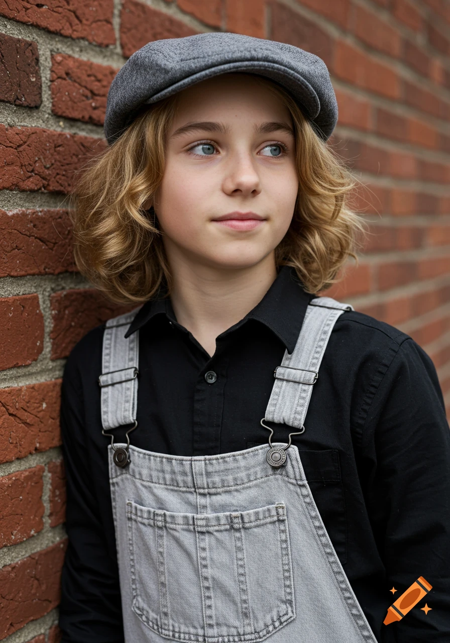Photorealistic portrait of a thoughtful boy with blonde hair and blue eyes, wearing a gray cap and denim overalls, leaning on a red brick wall.