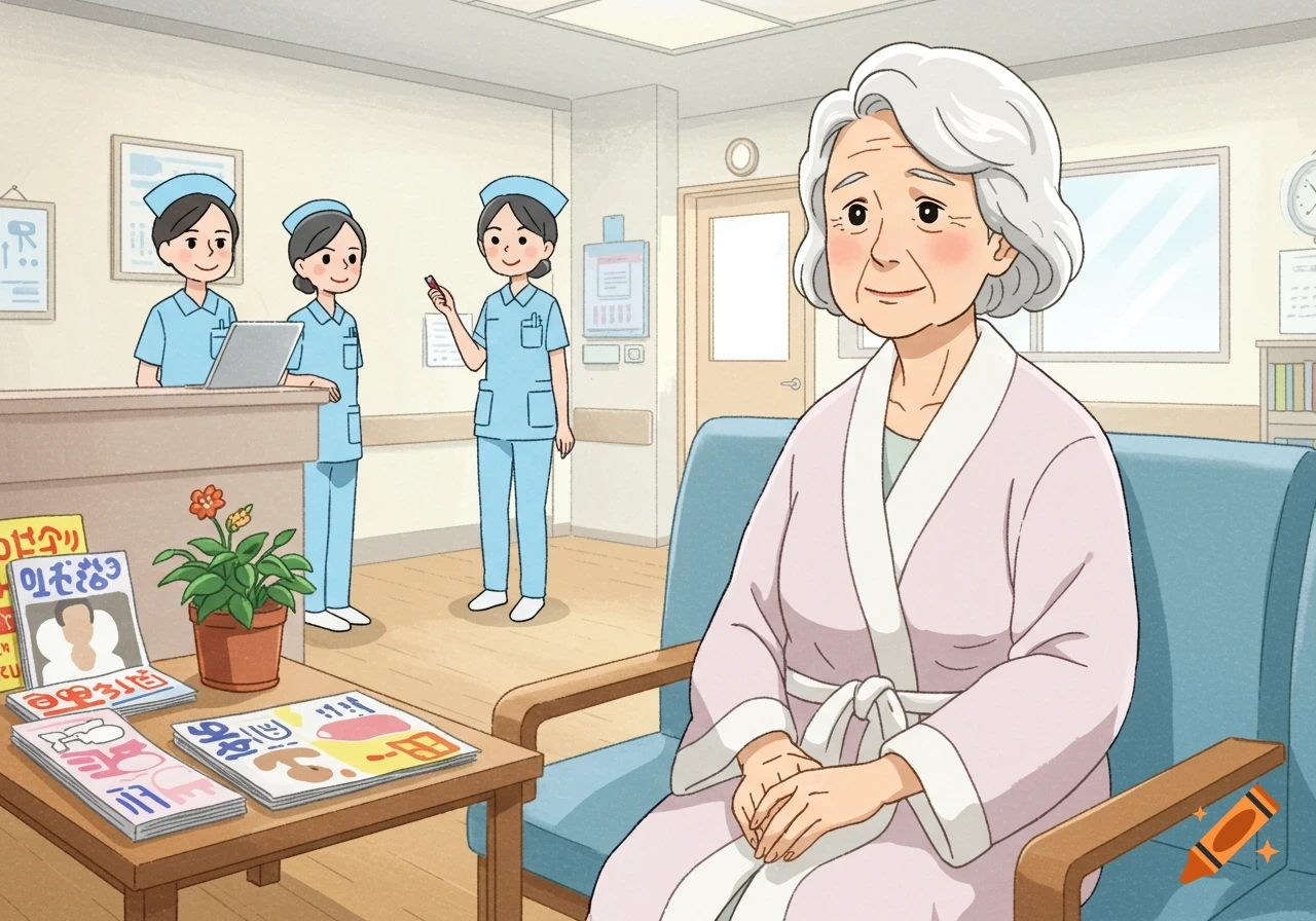 A cartoon illustration shows an elderly patient in a pink robe sitting in a hospital waiting room with nurses at a reception desk.