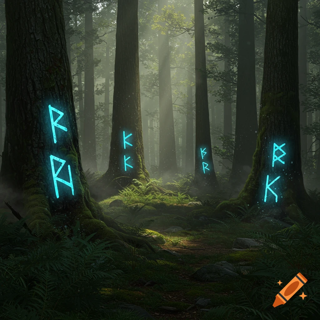Glowing blue runes inscribed on mossy tree trunks in a magical, misty forest with sunlight filtering through.