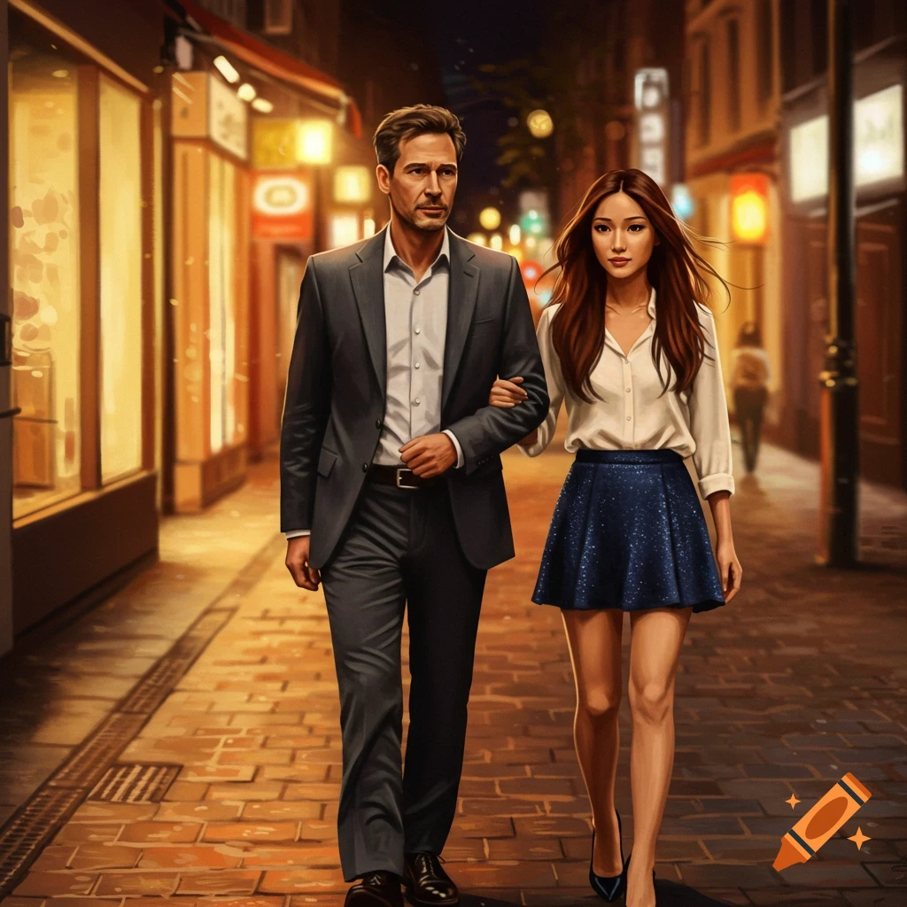 A man in a suit and a woman in a white shirt and blue miniskirt walk arm-in-arm on a warmly lit city street at night.