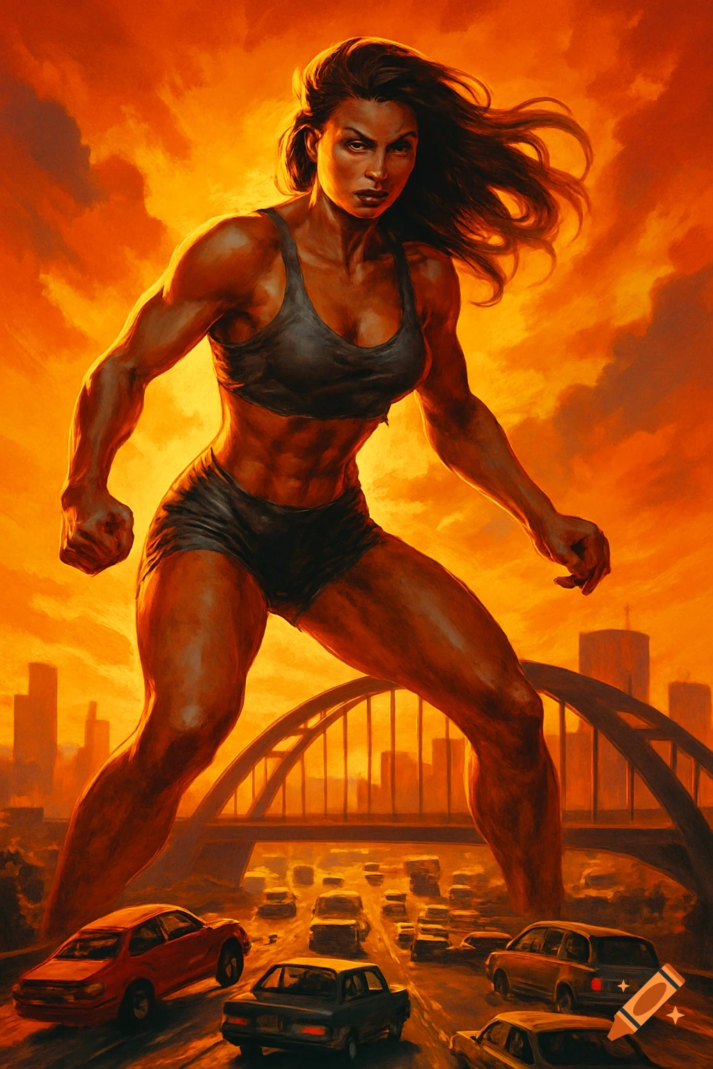 Dramatic illustration of a giant muscular woman in sports bra & shorts, standing over a city bridge with tiny cars below, fiery orange sky.
