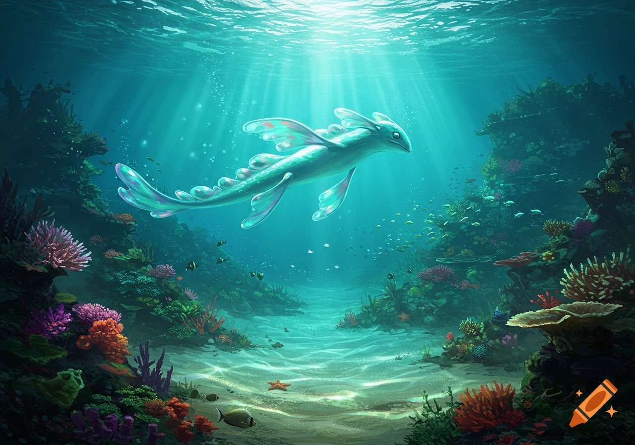 A fantastical aqua creature with translucent, bubble-like fins swims through a vibrant underwater coral reef bathed in sunlight.