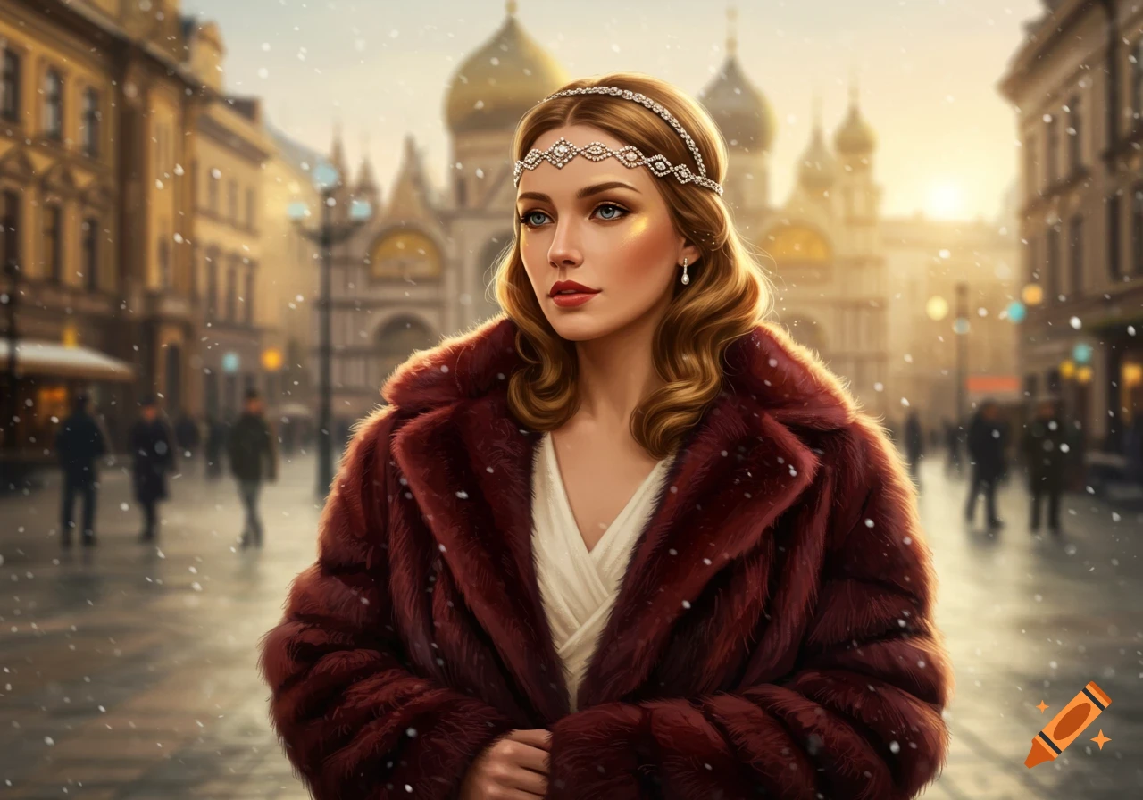A woman with a headband and red fur coat stands on a snowy city street at sunset.