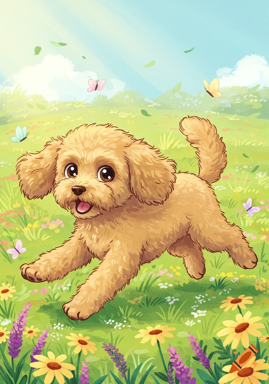 A cute cartoon golden doodle runs joyfully through a field of colorful wildflowers and butterflies under a sunny blue sky.