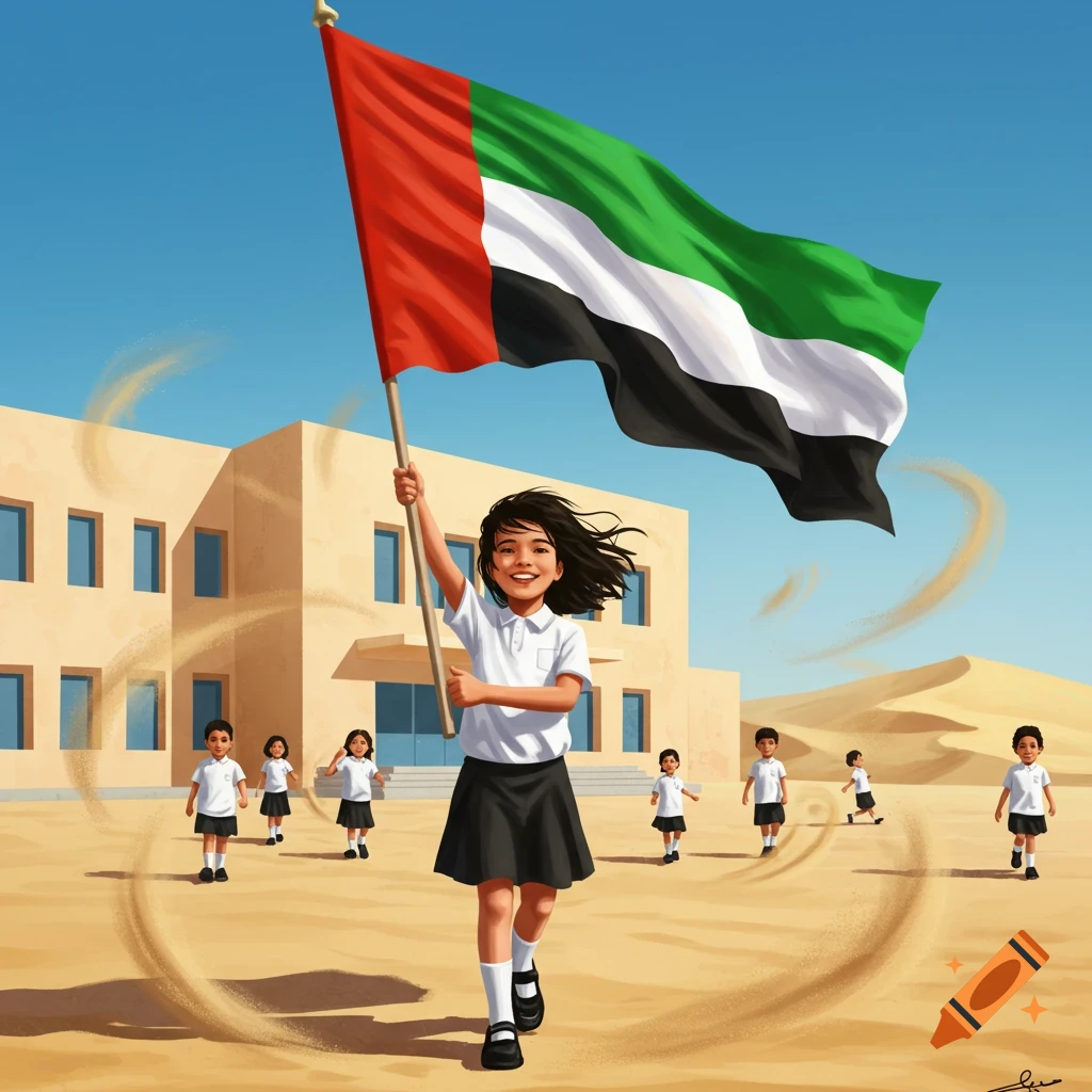 An illustrated girl in a school uniform runs with a UAE flag, other children, and a school in a desert landscape.
